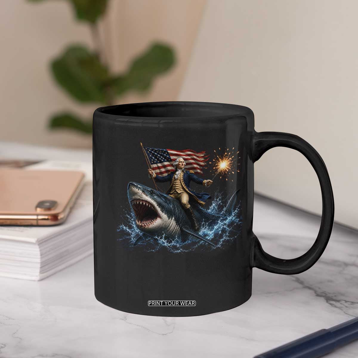 George Washington Riding Shark Coffee Mug Funny 4th Of July Independence Day 1776 Meme American Flag