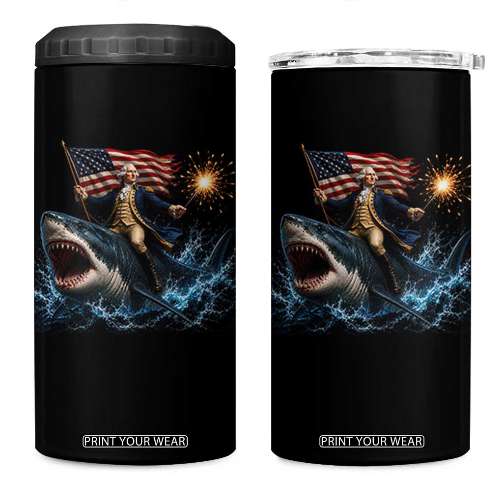 George Washington Riding Shark 4 in 1 Can Cooler Tumbler Funny 4th Of July Independence Day 1776 Meme American Flag