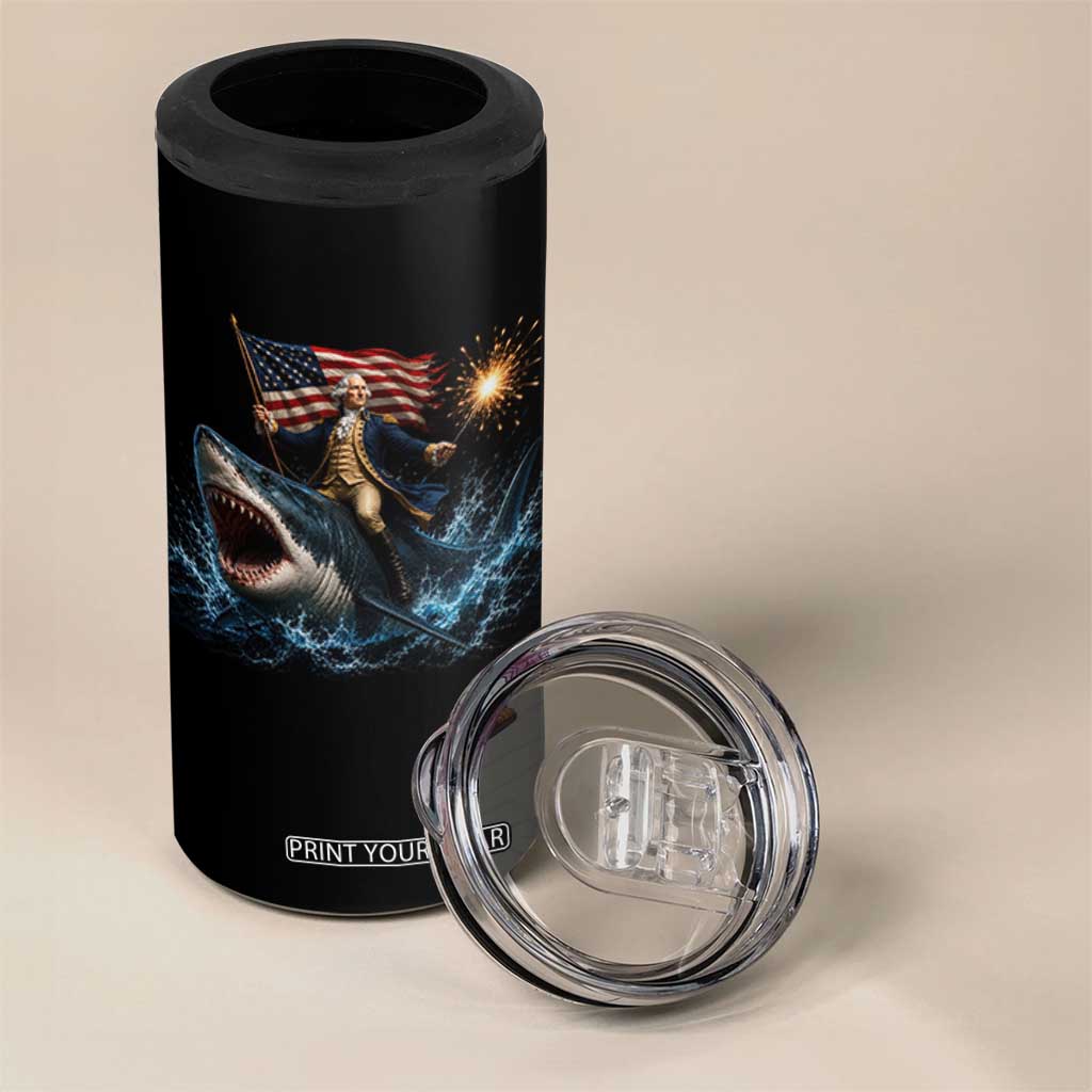 George Washington Riding Shark 4 in 1 Can Cooler Tumbler Funny 4th Of July Independence Day 1776 Meme American Flag