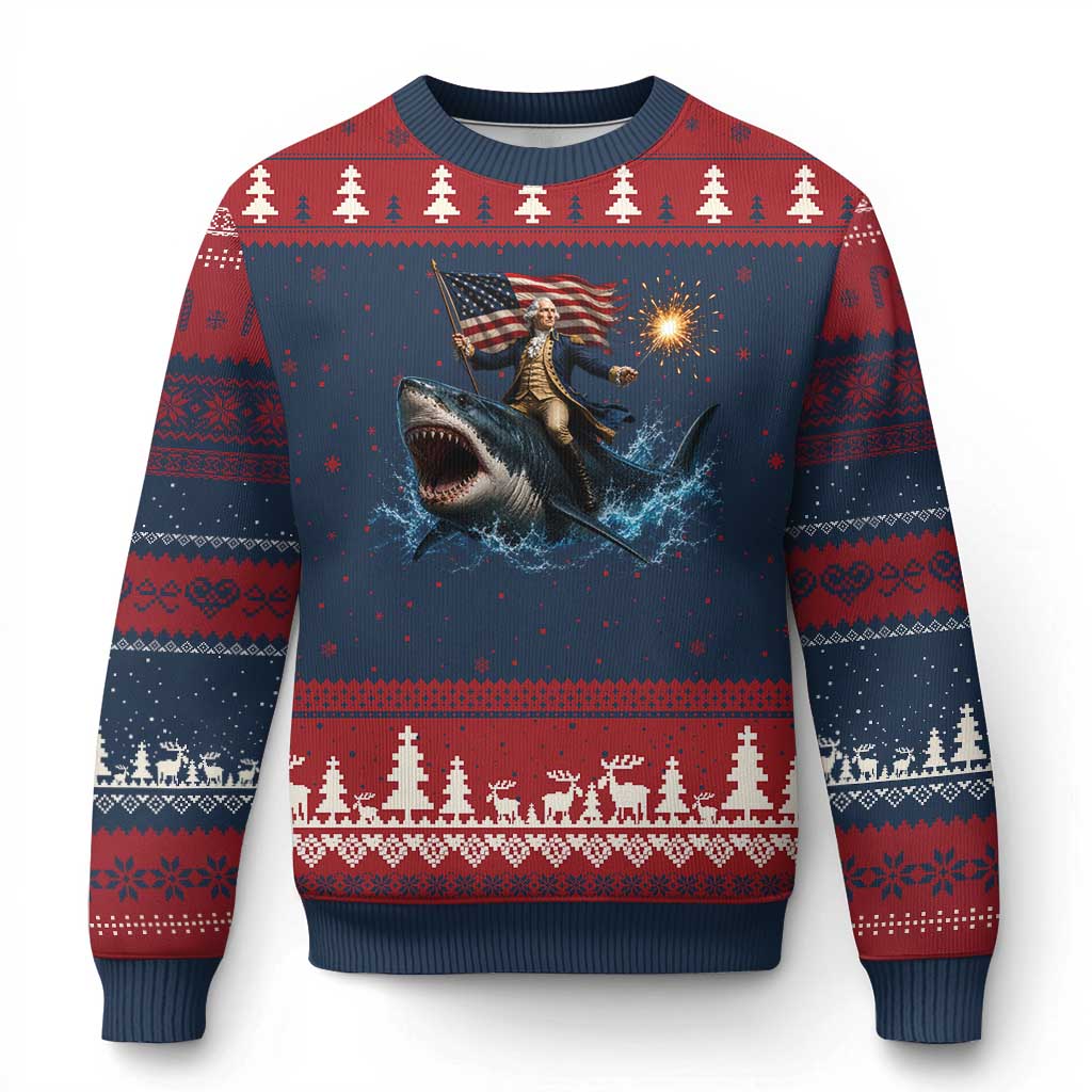 George Washington Riding Shark Ugly Christmas Sweater Funny 4th Of July Independence Day 1776 Meme American Flag TS10 Navy Red Print Your Wear