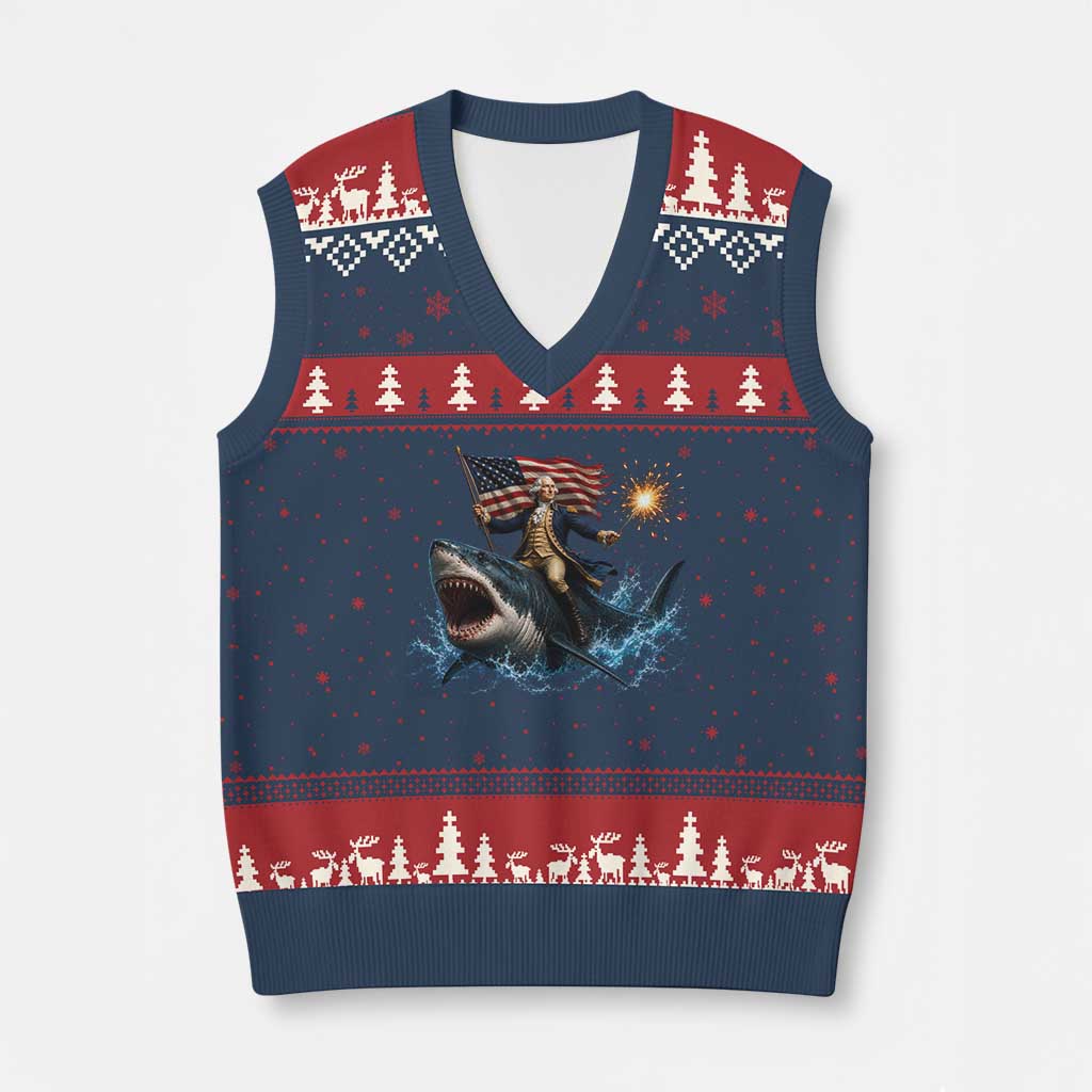George Washington Riding Shark V-Neck Knit Sweater Vest Funny 4th Of July Independence Day 1776 Meme American Flag TS10 Navy Red Print Your Wear