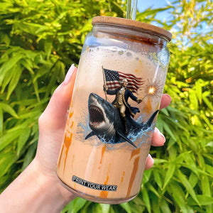 George Washington Riding Shark Glass Can Funny 4th Of July Independence Day 1776 Meme American Flag