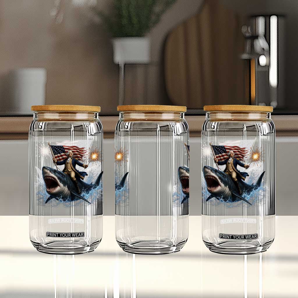 George Washington Riding Shark Glass Can Funny 4th Of July Independence Day 1776 Meme American Flag