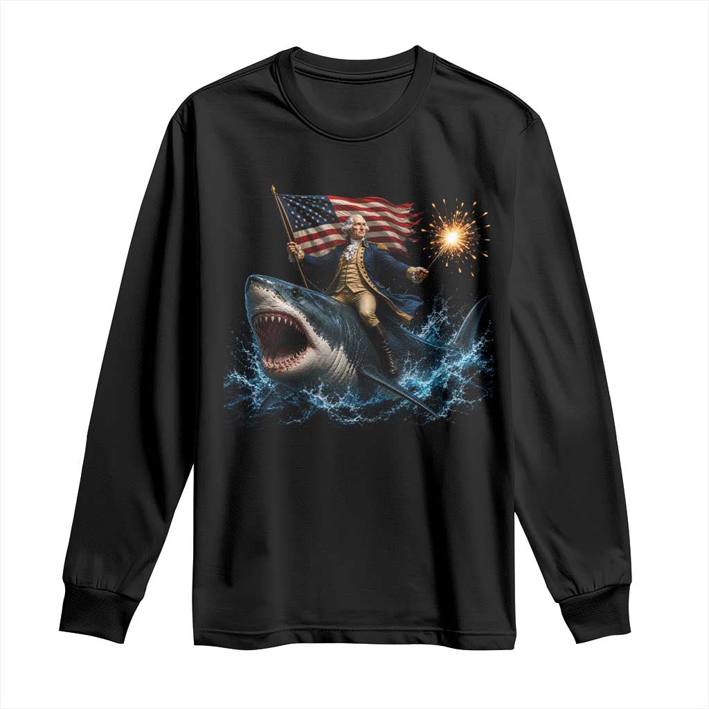 George Washington Riding Shark Long Sleeve Shirt Funny 4th Of July Independence Day 1776 Meme American Flag TS10 Black Print Your Wear