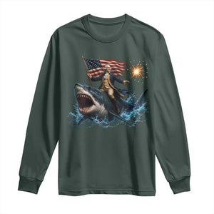 George Washington Riding Shark Long Sleeve Shirt Funny 4th Of July Independence Day 1776 Meme American Flag