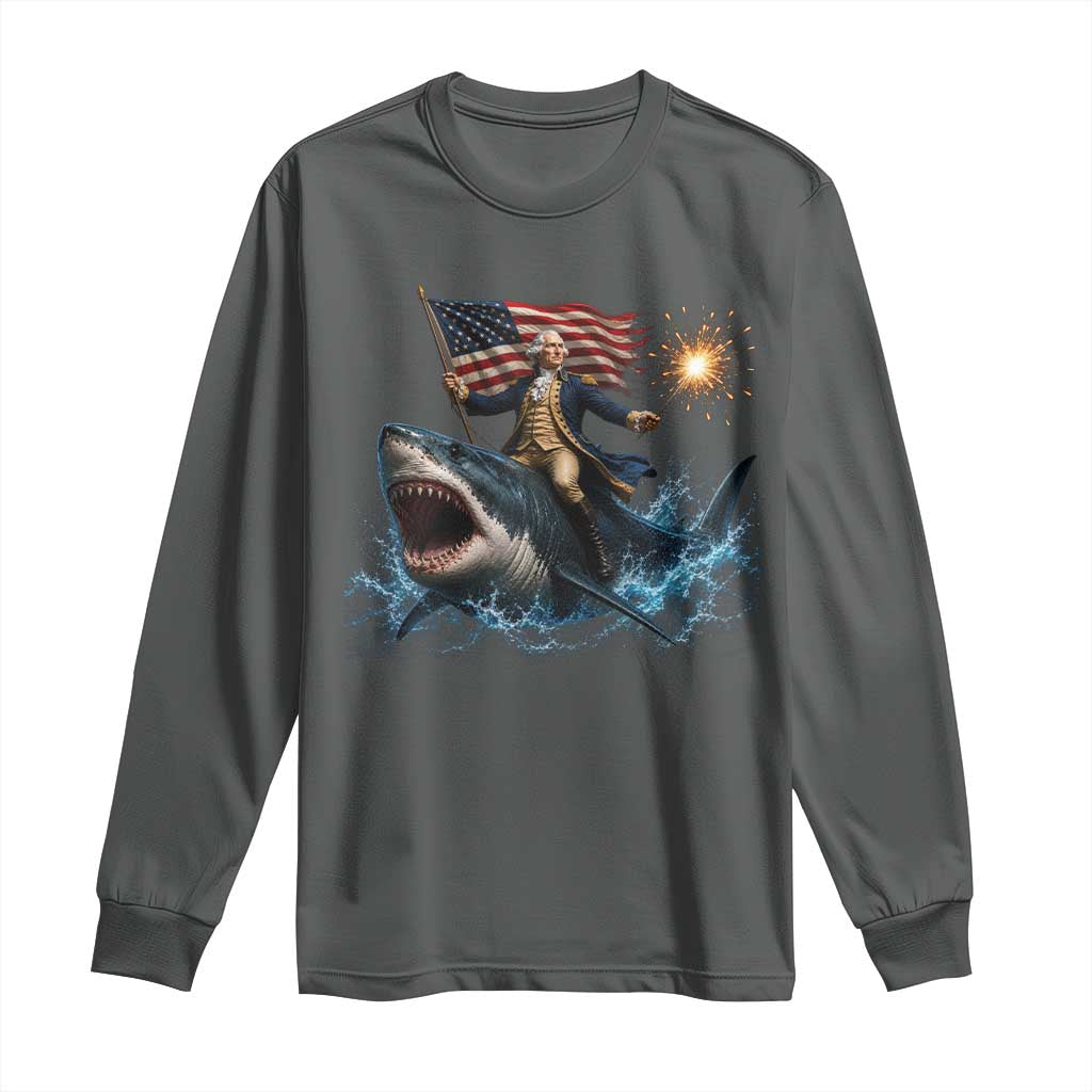 George Washington Riding Shark Long Sleeve Shirt Funny 4th Of July Independence Day 1776 Meme American Flag