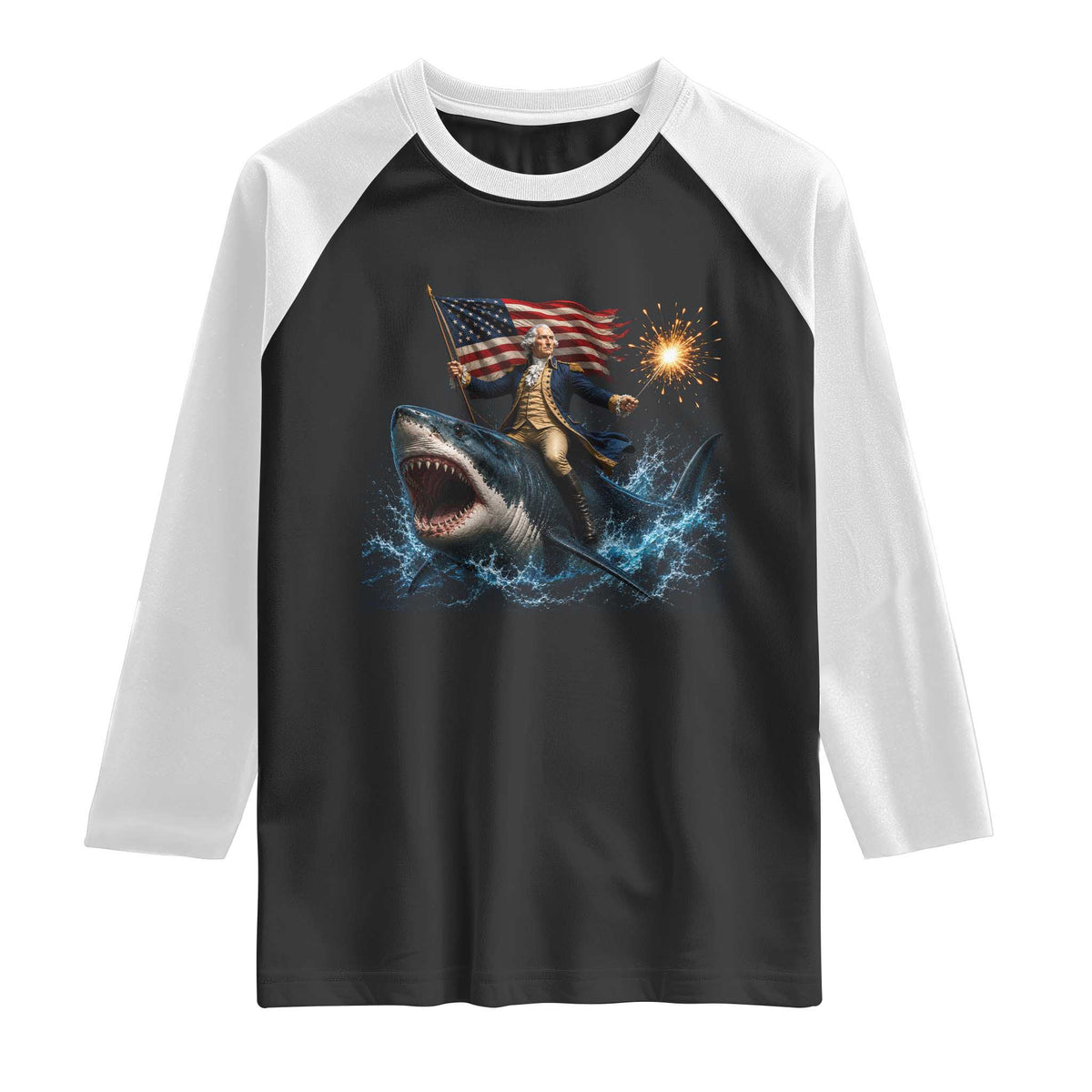 George Washington Riding Shark Raglan Shirt Funny 4th Of July Independence Day 1776 Meme American Flag