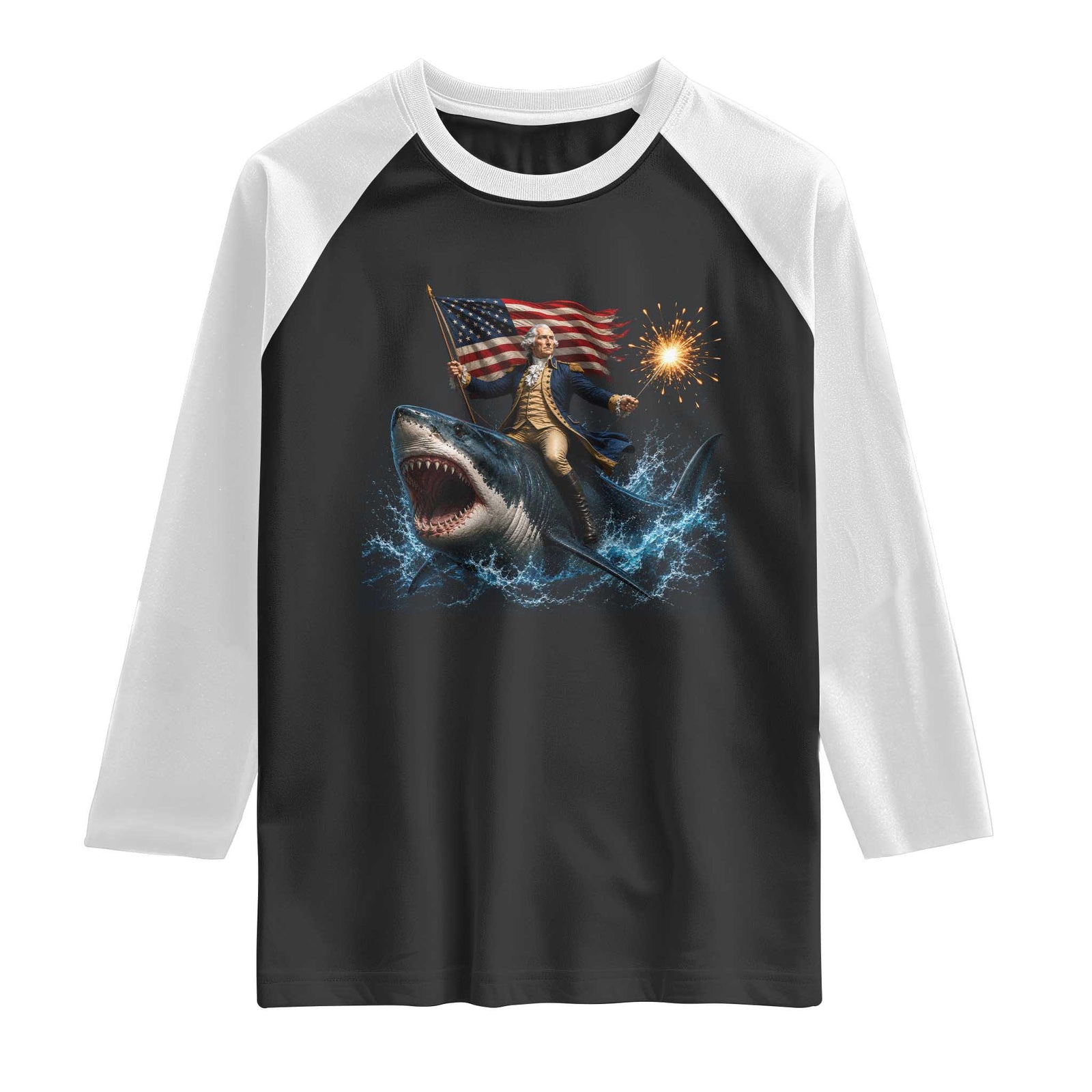 George Washington Riding Shark Raglan Shirt Funny 4th Of July Independence Day 1776 Meme American Flag TS10 Black White Print Your Wear