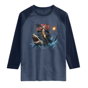 George Washington Riding Shark Raglan Shirt Funny 4th Of July Independence Day 1776 Meme American Flag