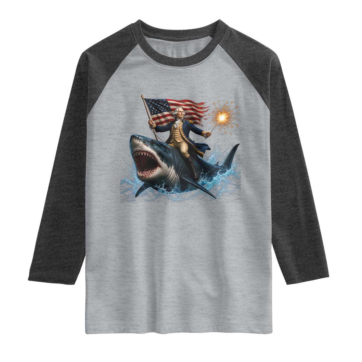 George Washington Riding Shark Raglan Shirt Funny 4th Of July Independence Day 1776 Meme American Flag