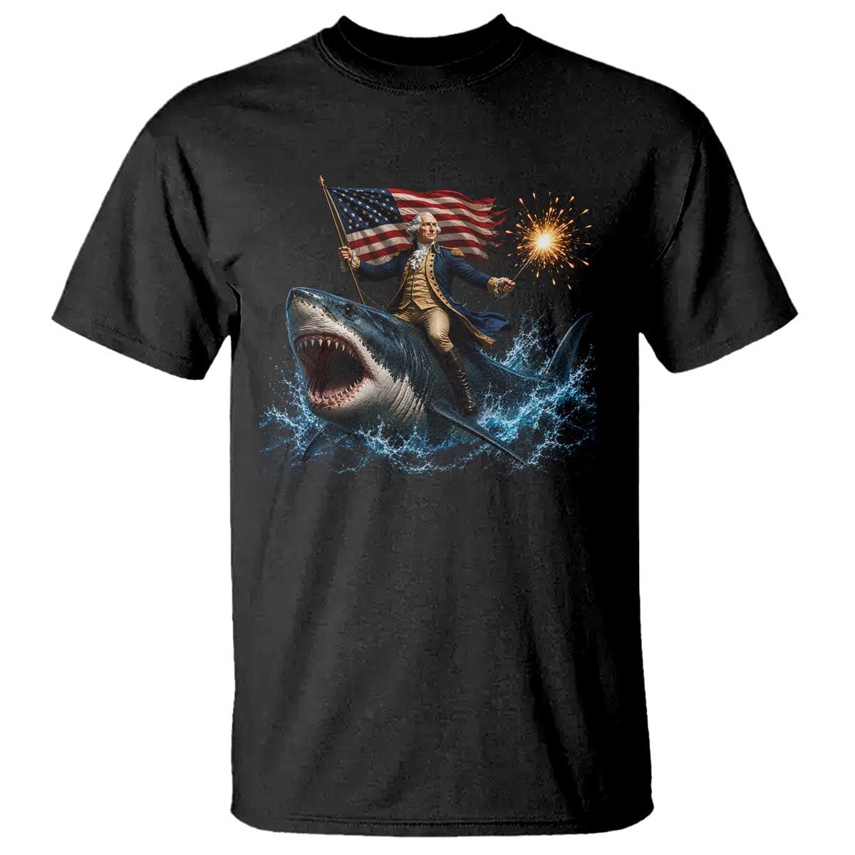 George Washington Riding Shark T Shirt Funny 4th Of July Independence Day 1776 Meme American Flag