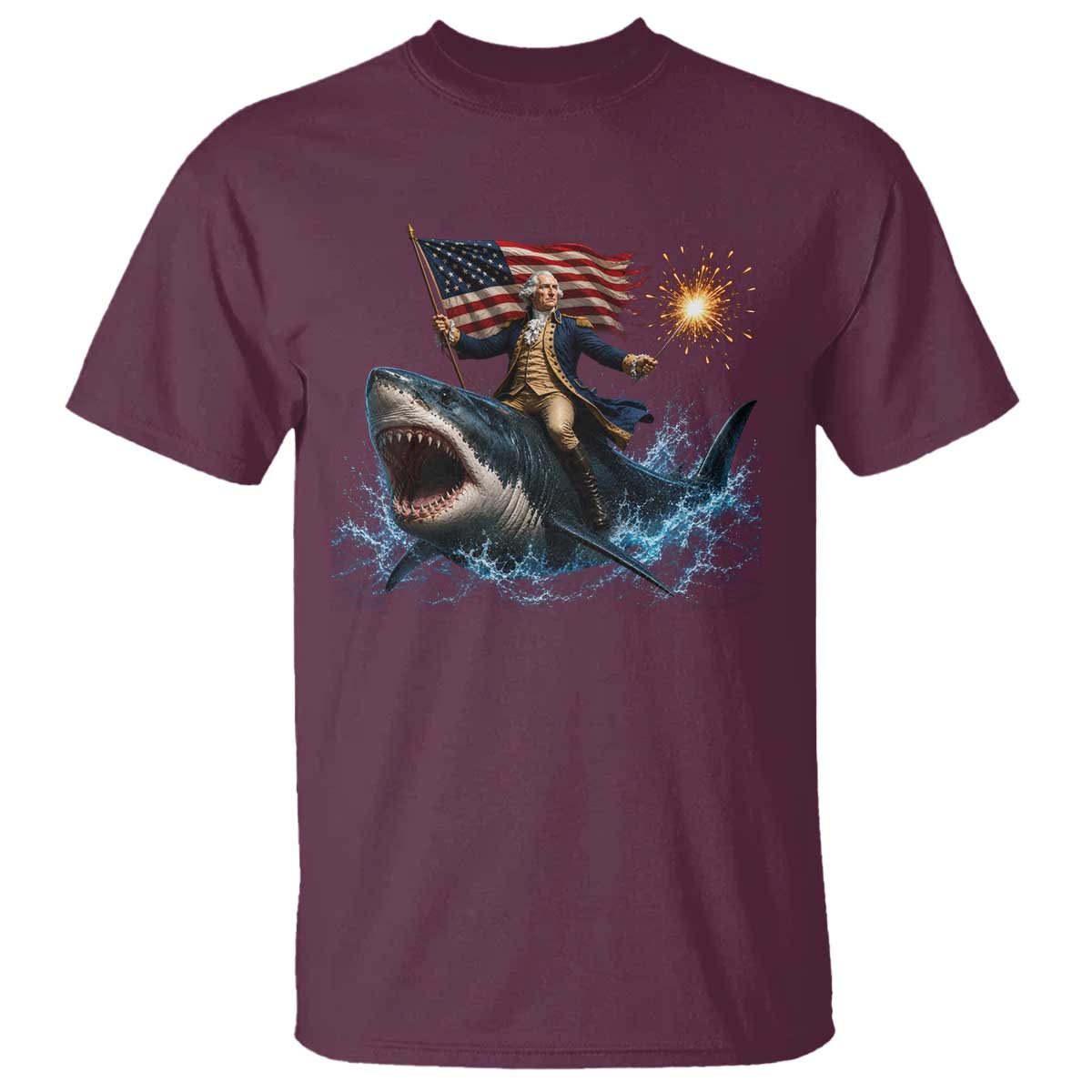 George Washington Riding Shark T Shirt Funny 4th Of July Independence Day 1776 Meme American Flag