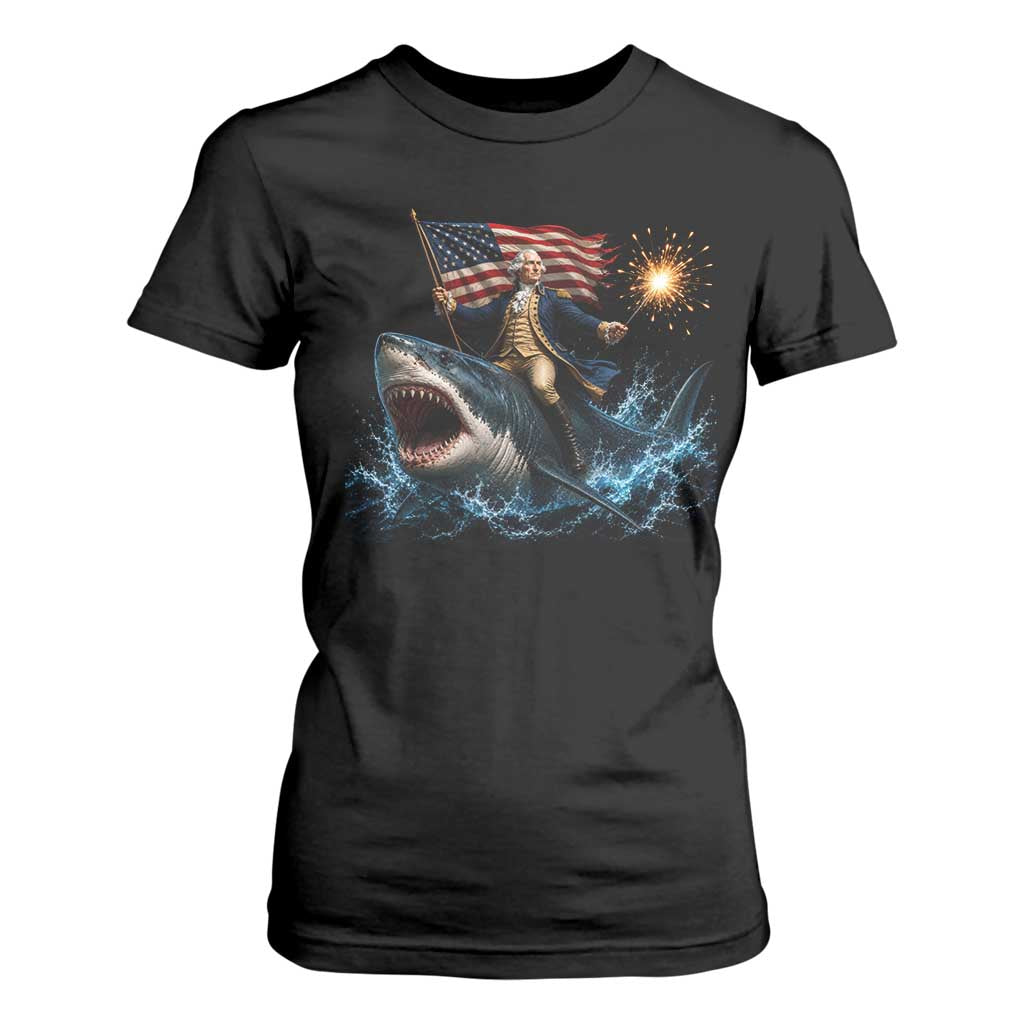 George Washington Riding Shark T Shirt For Women Funny 4th Of July Independence Day 1776 Meme American Flag