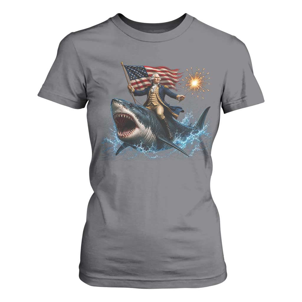 George Washington Riding Shark T Shirt For Women Funny 4th Of July Independence Day 1776 Meme American Flag