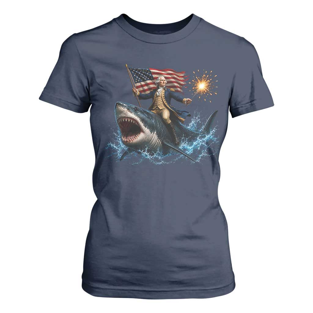 George Washington Riding Shark T Shirt For Women Funny 4th Of July Independence Day 1776 Meme American Flag