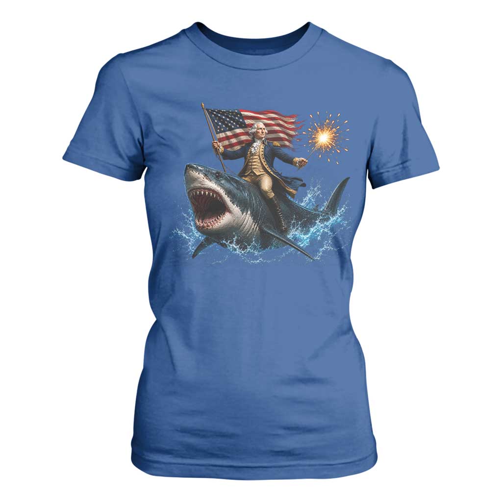 George Washington Riding Shark T Shirt For Women Funny 4th Of July Independence Day 1776 Meme American Flag