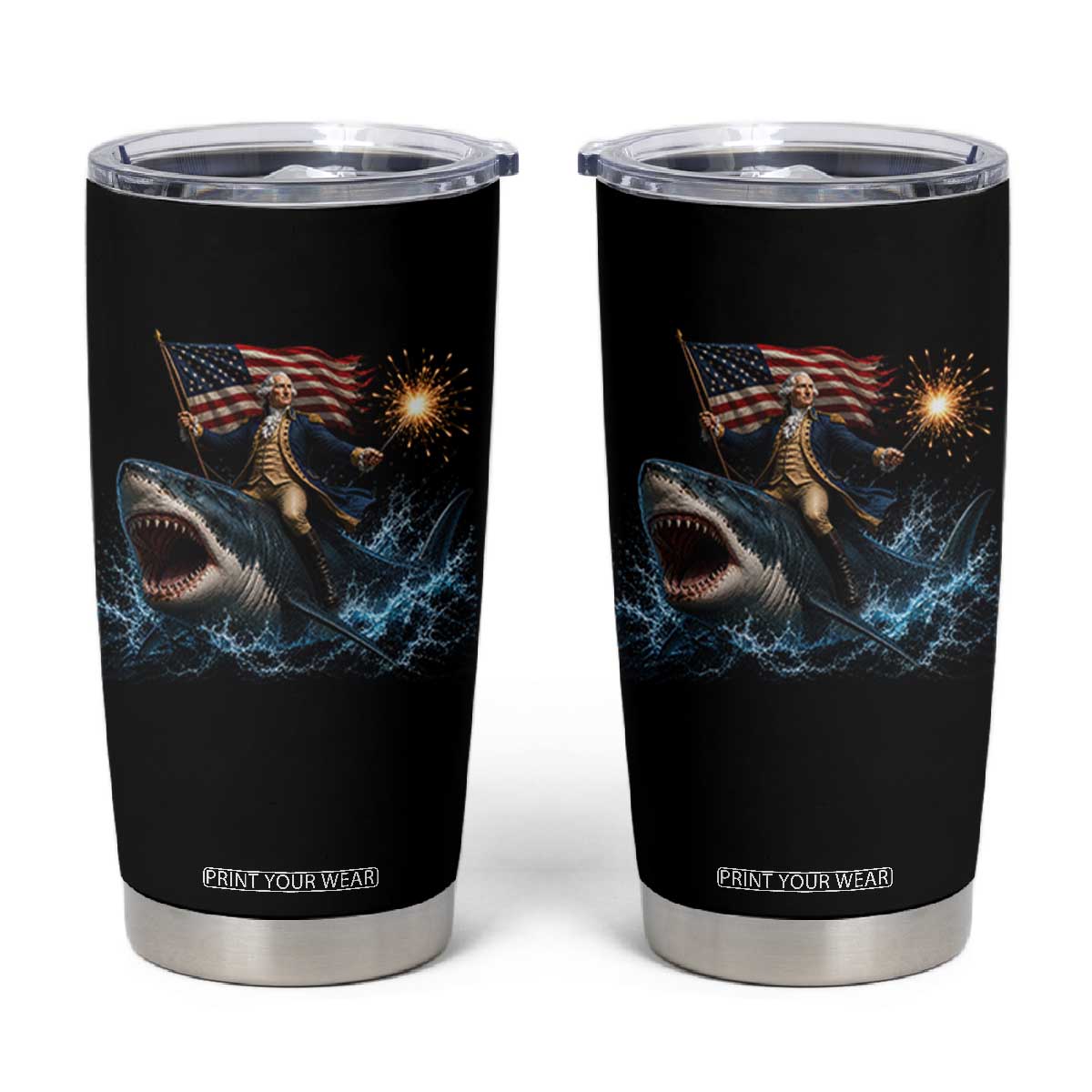 George Washington Riding Shark Tumbler Cup Funny 4th Of July Independence Day 1776 Meme American Flag TS10 Black Print Your Wear