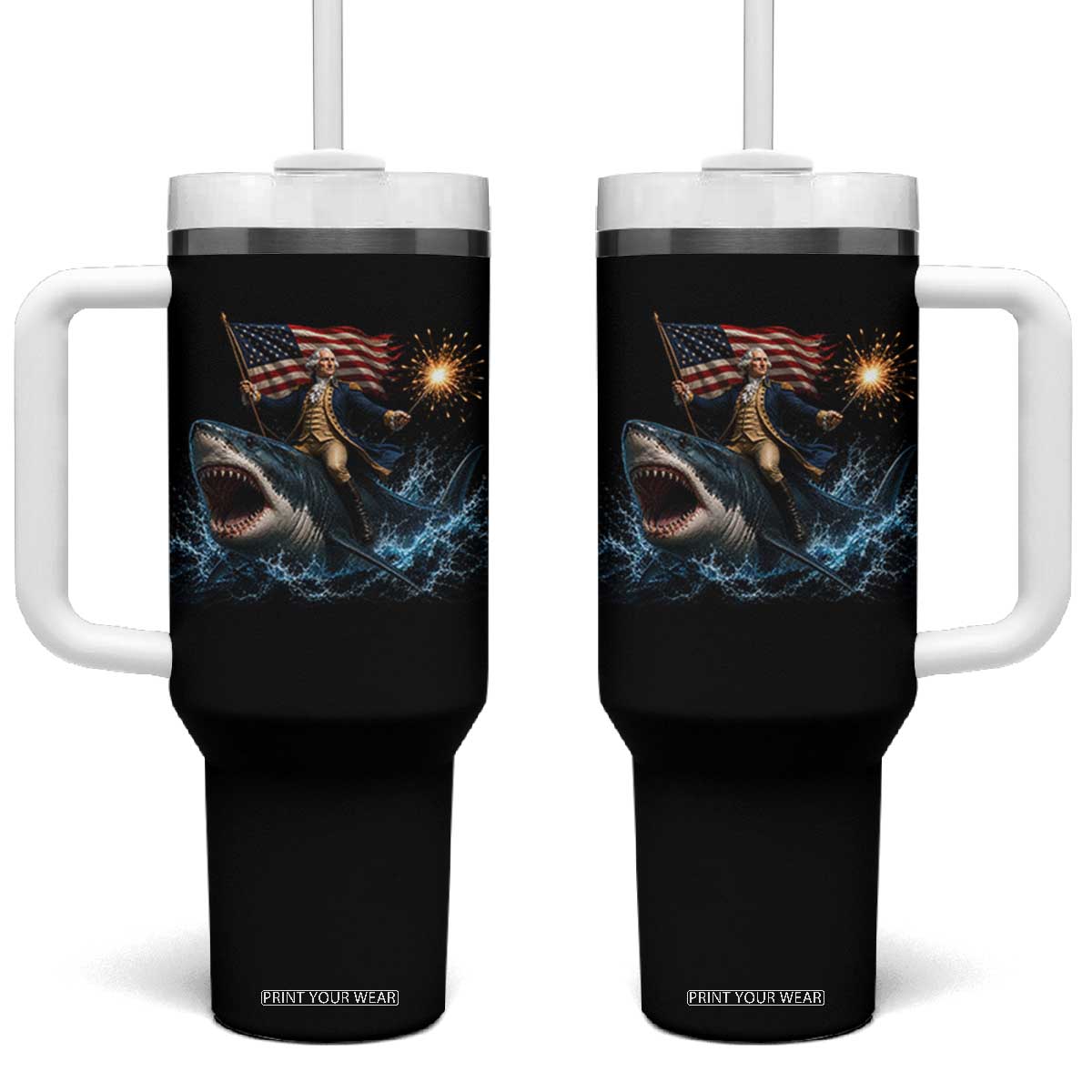 George Washington Riding Shark Tumbler With Handle Funny 4th Of July Independence Day 1776 Meme American Flag TS10 One Size: 40 oz Black Print Your Wear