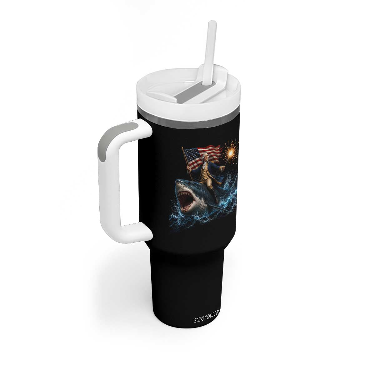 George Washington Riding Shark Tumbler With Handle Funny 4th Of July Independence Day 1776 Meme American Flag