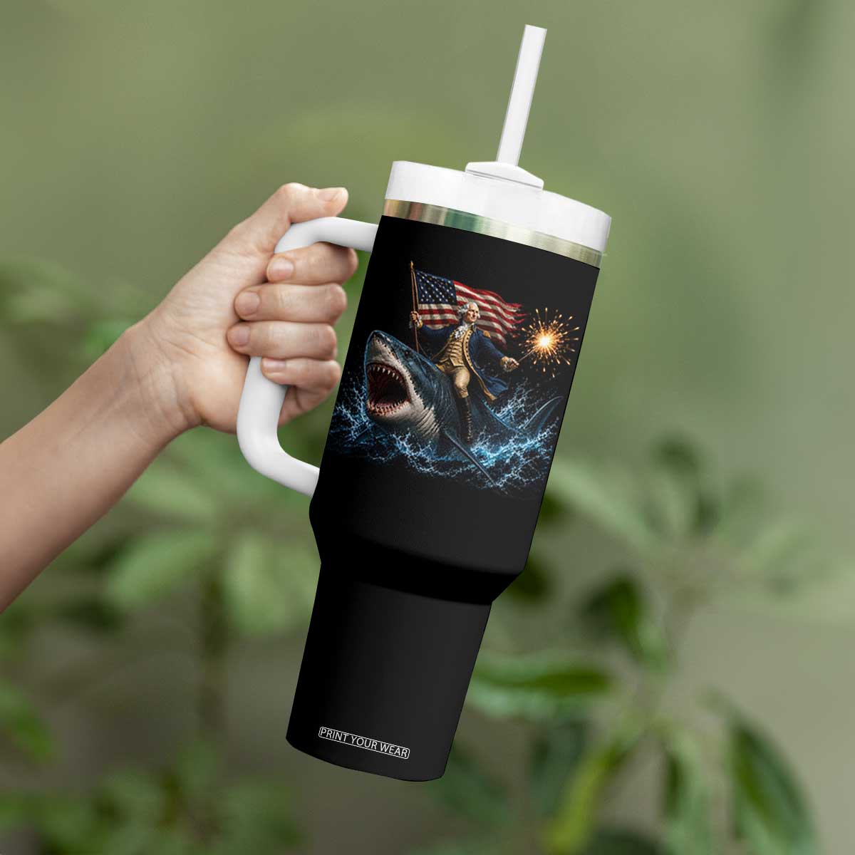George Washington Riding Shark Tumbler With Handle Funny 4th Of July Independence Day 1776 Meme American Flag