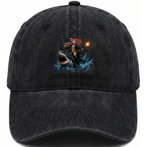 George Washington Riding Shark Washed Cotton Baseball Cap Funny 4th Of July Independence Day 1776 Meme American Flag