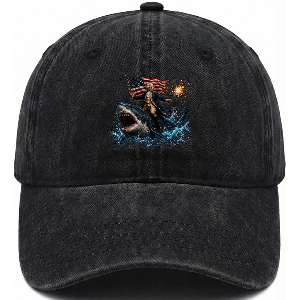 George Washington Riding Shark Washed Cotton Baseball Cap Funny 4th Of July Independence Day 1776 Meme American Flag TS10 Print Your Wear