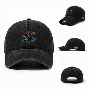 George Washington Riding Shark Washed Cotton Baseball Cap Funny 4th Of July Independence Day 1776 Meme American Flag