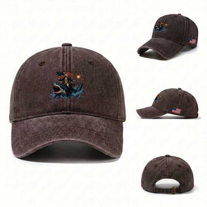 George Washington Riding Shark Washed Cotton Baseball Cap Funny 4th Of July Independence Day 1776 Meme American Flag