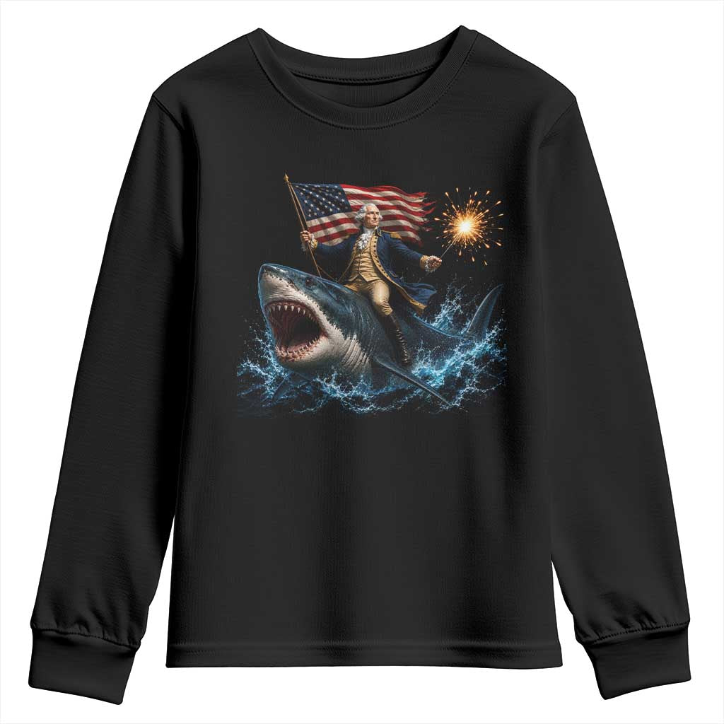 George Washington Riding Shark Youth Sweatshirt Funny 4th Of July Independence Day 1776 Meme American Flag TS10 Black Print Your Wear
