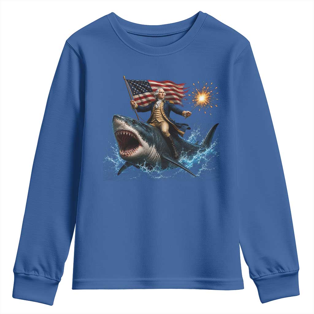 George Washington Riding Shark Youth Sweatshirt Funny 4th Of July Independence Day 1776 Meme American Flag