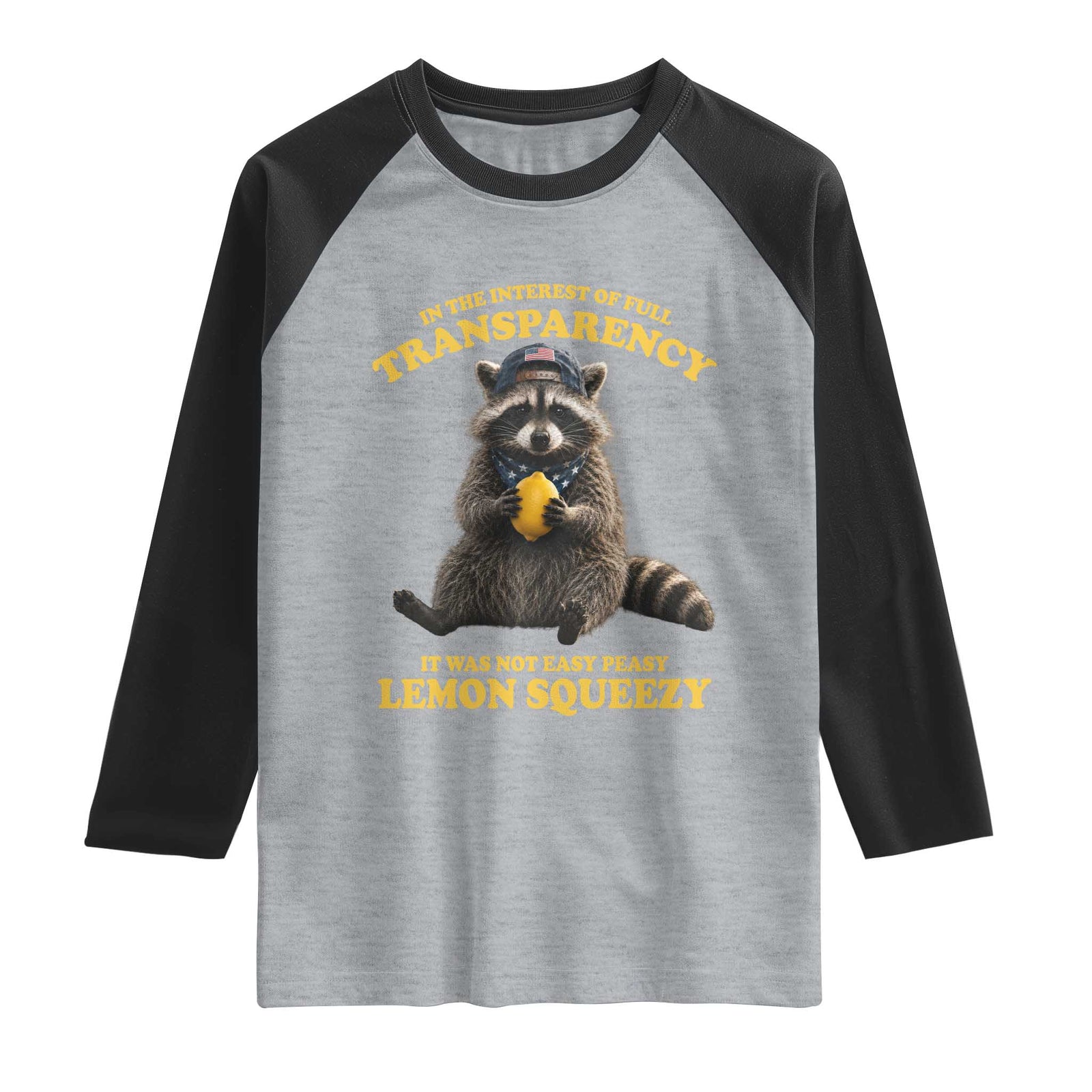 Funny Raccoon Meme Raglan Shirt In The Interest Of Full Transparency It Was Not Easy Peasy Lemon Squeezy TS10 Heather Gray Black Print Your Wear
