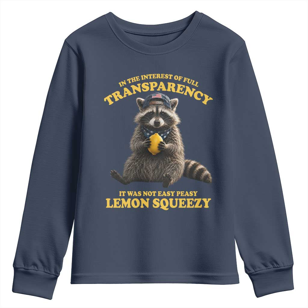 Funny Raccoon Meme Youth Sweatshirt In The Interest Of Full Transparency It Was Not Easy Peasy Lemon Squeezy
