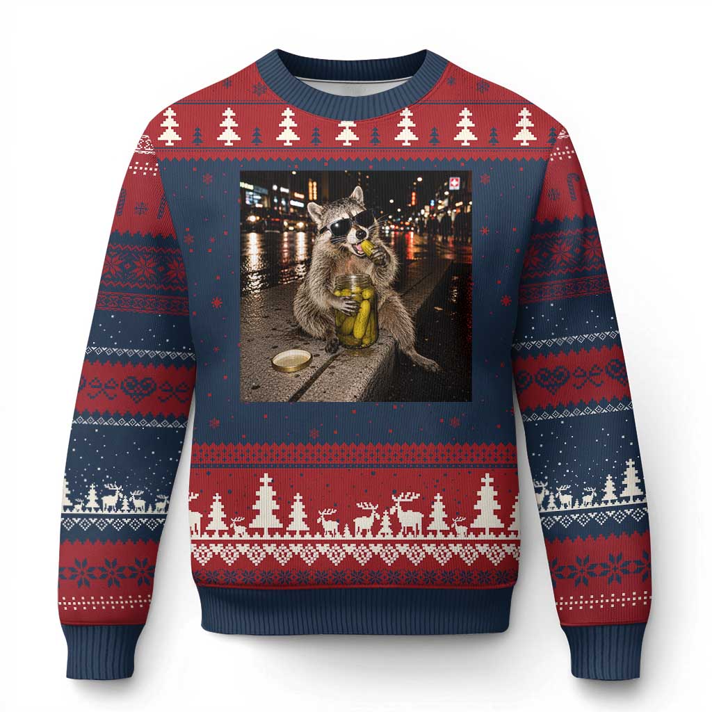 Funny Raccoon Eating Pickles Meme Ugly Christmas Sweater TS10 Navy Red Print Your Wear