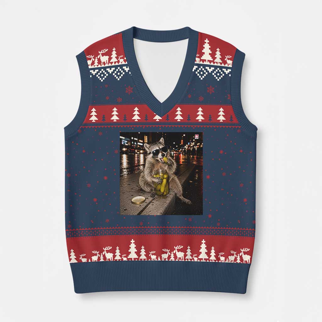 Funny Raccoon Eating Pickles Meme V-Neck Knit Sweater Vest TS10 Navy Red Print Your Wear