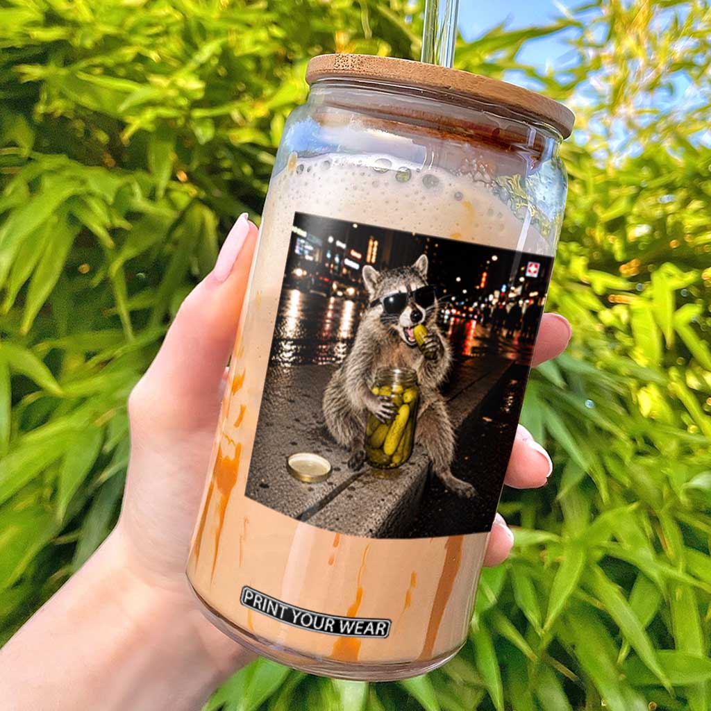 Funny Raccoon Eating Pickles Meme Glass Can TS10 Black Print Your Wear