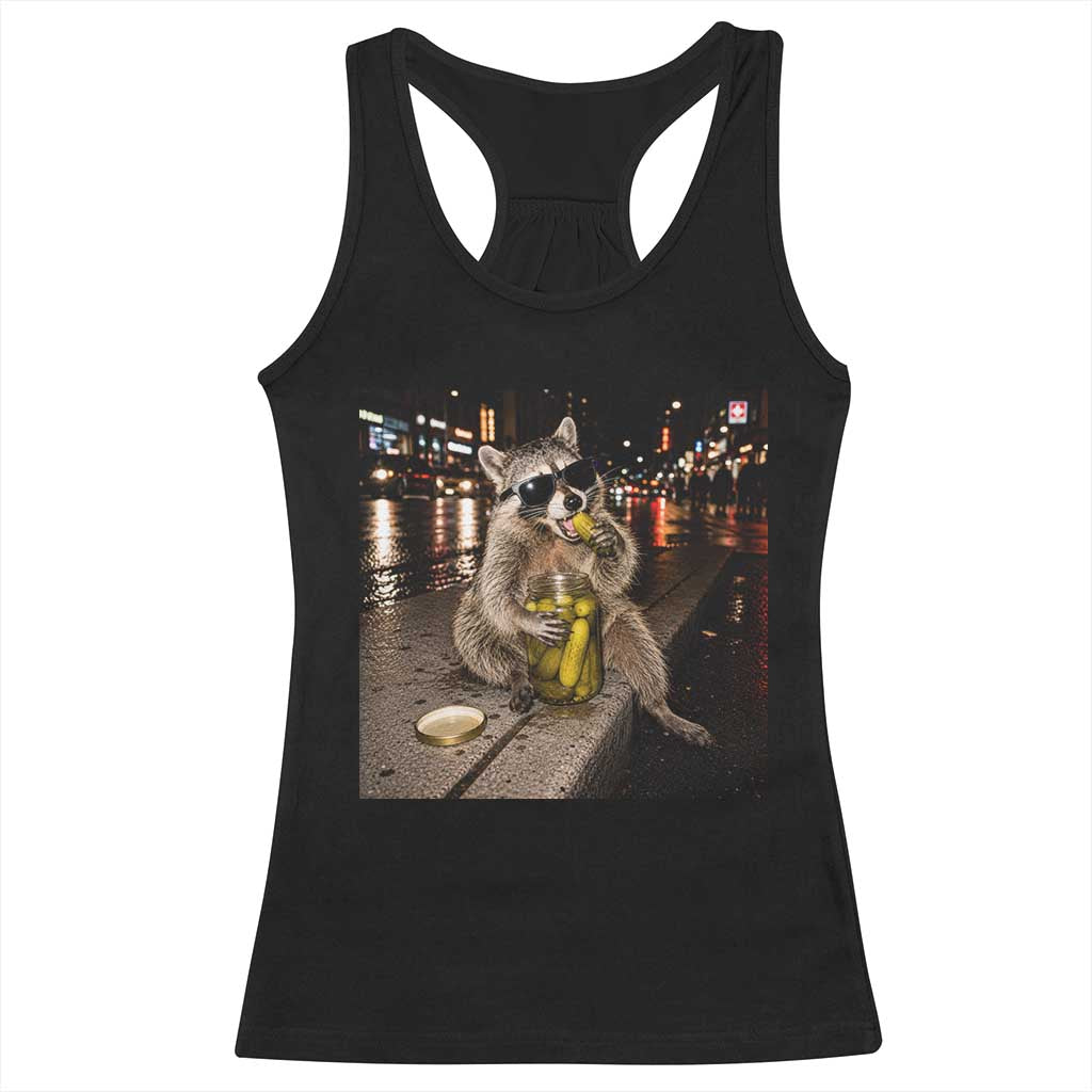 Funny Raccoon Eating Pickles Meme Racerback Tank Top
