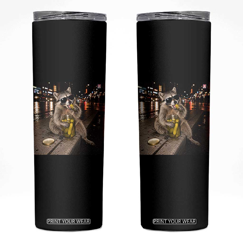 Funny Raccoon Eating Pickles Meme Skinny Tumbler
