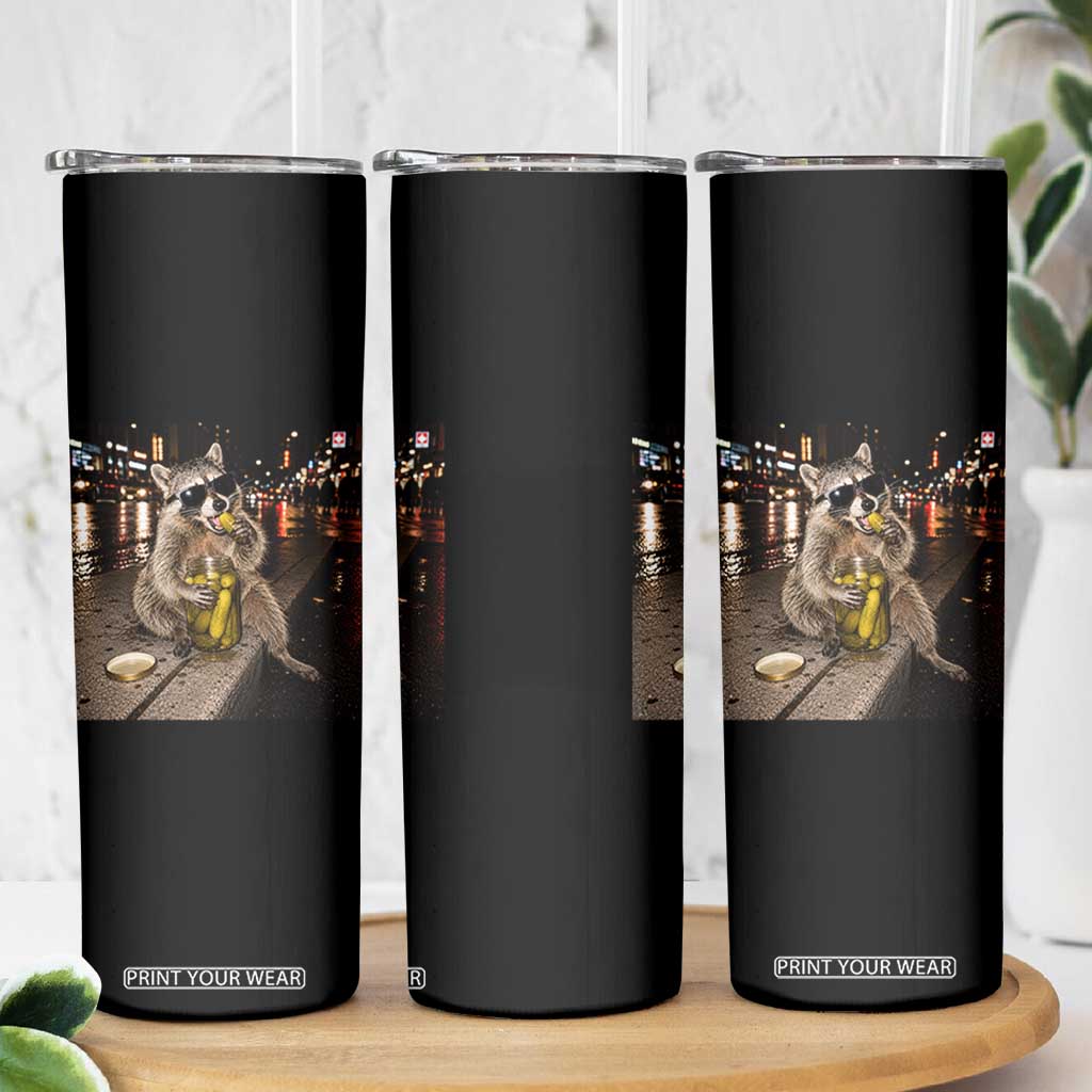 Funny Raccoon Eating Pickles Meme Skinny Tumbler