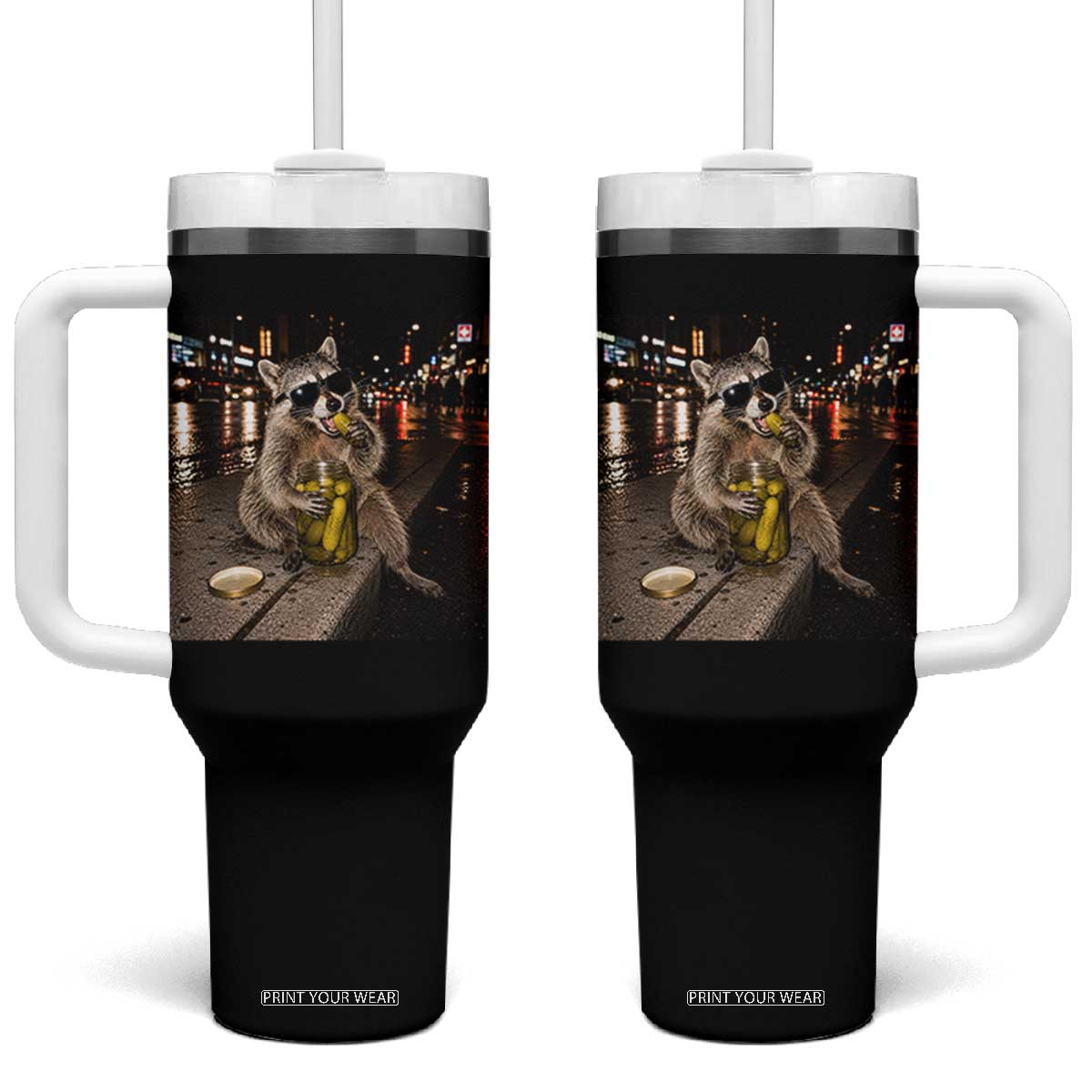 Funny Raccoon Eating Pickles Meme Tumbler With Handle TS10 One Size: 40 oz Black Print Your Wear