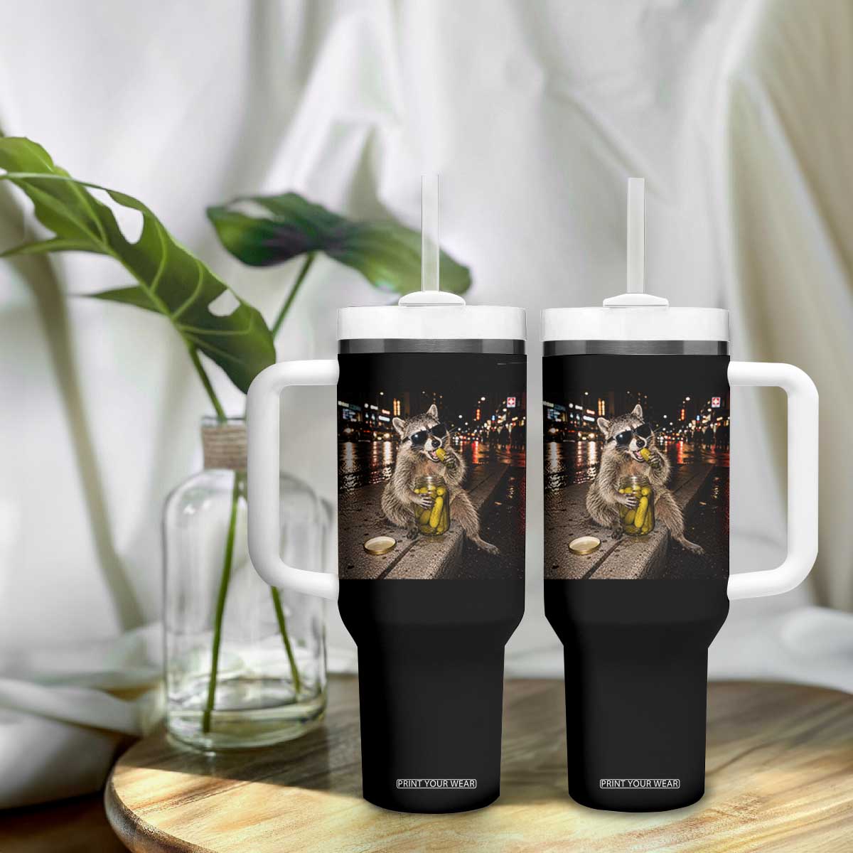 Funny Raccoon Eating Pickles Meme Tumbler With Handle