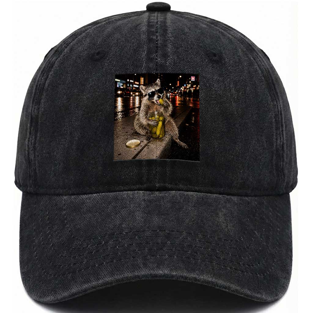Funny Raccoon Eating Pickles Meme Washed Cotton Baseball Cap