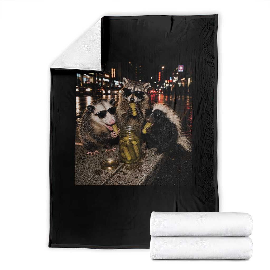 Funny Raccoon Skunk Possum Eating Pickles Throw Blanket Support Local Street Cats Retro Animal Meme