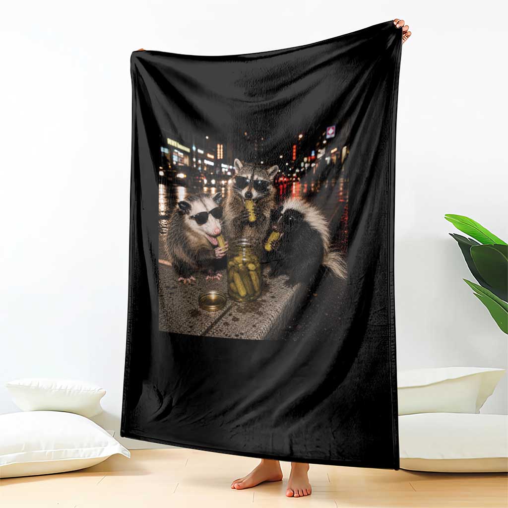 Funny Raccoon Skunk Possum Eating Pickles Throw Blanket Support Local Street Cats Retro Animal Meme