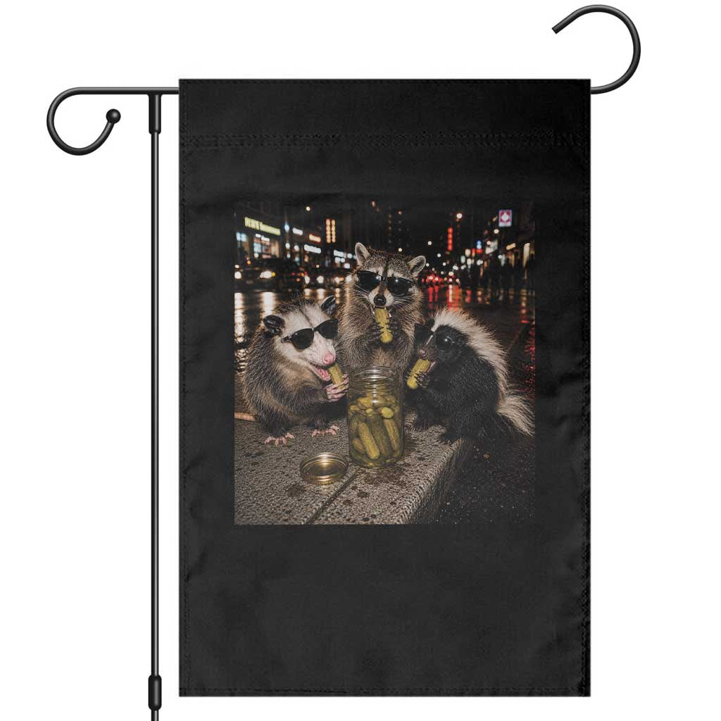 Funny Raccoon Skunk Possum Eating Pickles Garden Flag Support Local Street Cats Retro Animal Meme TS10 Black Print Your Wear