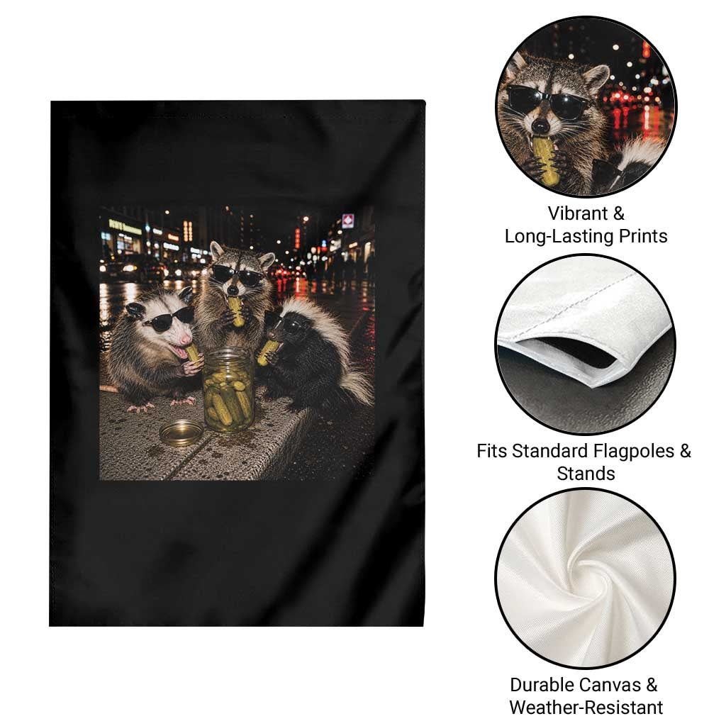 Funny Raccoon Skunk Possum Eating Pickles Garden Flag Support Local Street Cats Retro Animal Meme