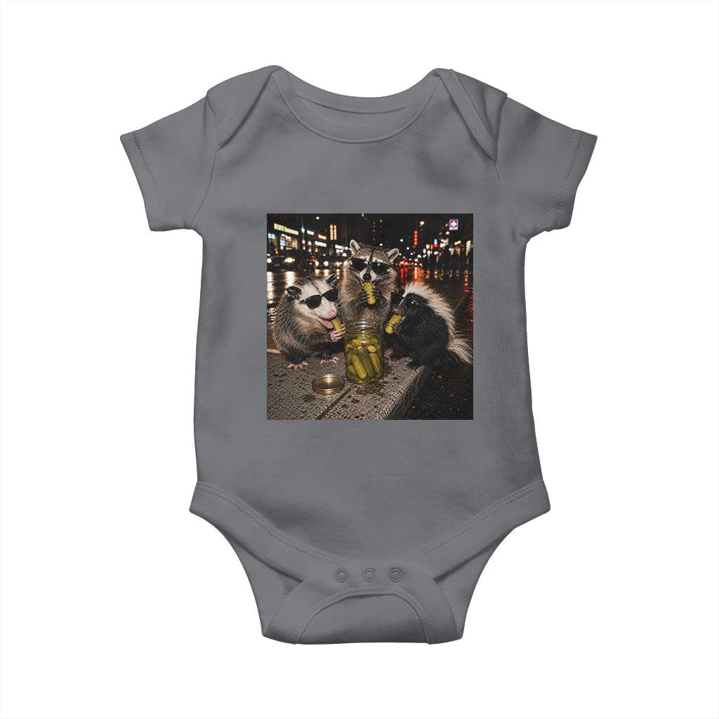 Funny Raccoon Skunk Possum Eating Pickles Baby Onesie Support Local Street Cats Retro Animal Meme