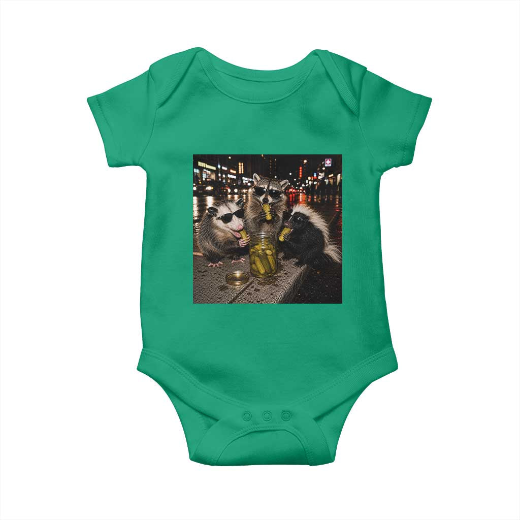 Funny Raccoon Skunk Possum Eating Pickles Baby Onesie Support Local Street Cats Retro Animal Meme