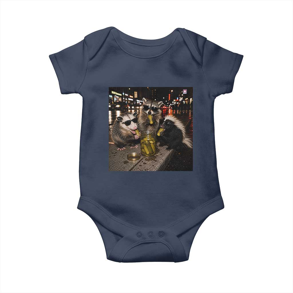 Funny Raccoon Skunk Possum Eating Pickles Baby Onesie Support Local Street Cats Retro Animal Meme