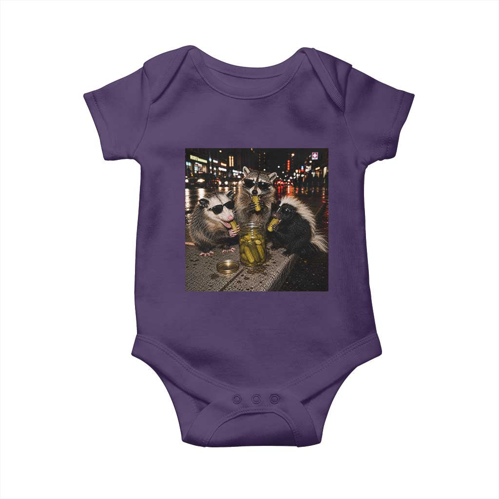 Funny Raccoon Skunk Possum Eating Pickles Baby Onesie Support Local Street Cats Retro Animal Meme
