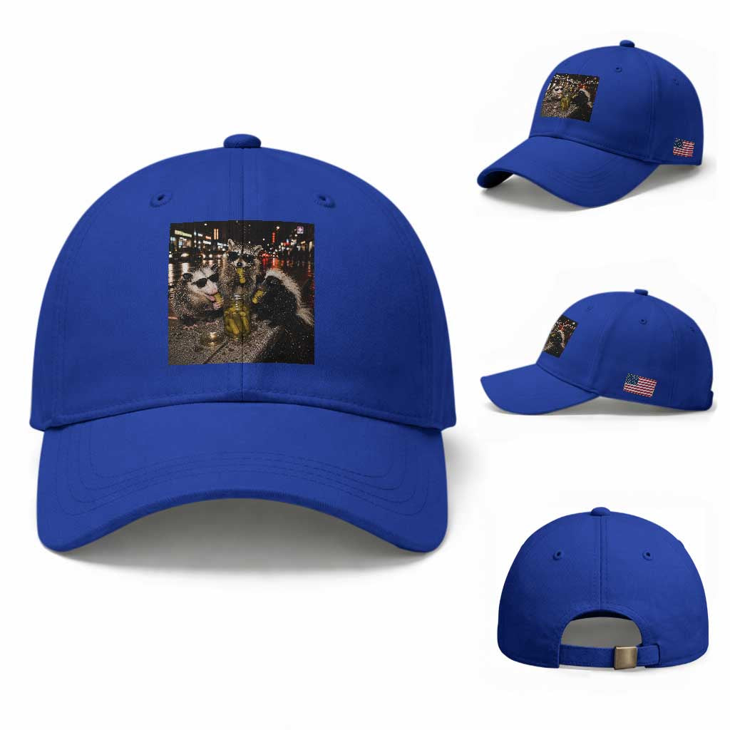 Funny Raccoon Skunk Possum Eating Pickles Baseball Cap Support Local Street Cats Retro Animal Meme